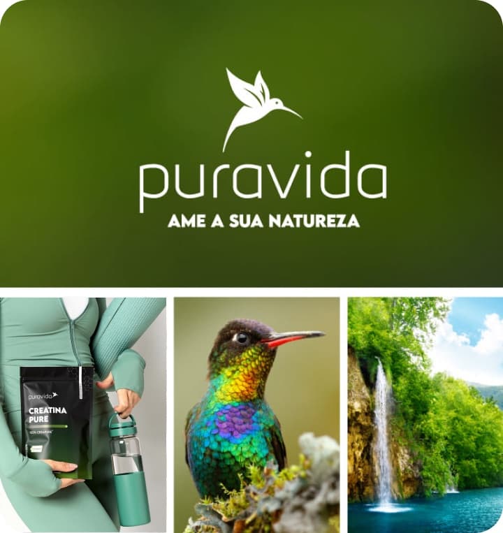 Colagem da marca Puravida com o logo do beija-flor, uma pessoa segurando Creatina Pure, um beija-flor colorido e uma cachoeira em meio à mata