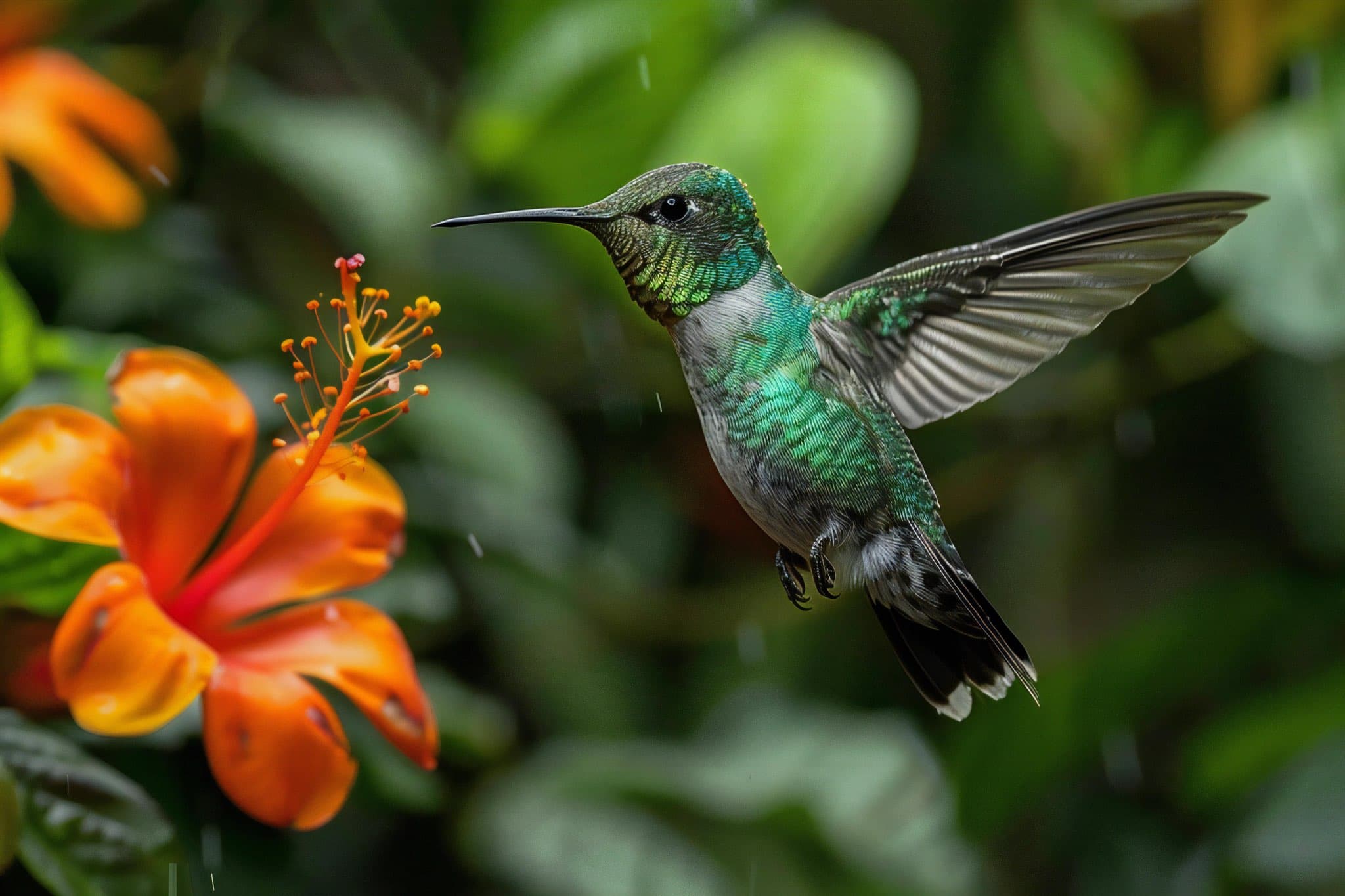 Beija-flor verde em voo ao lado de uma flor laranja, em meio à vegetação