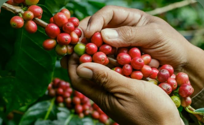 Mãos colhendo frutos de café vermelhos em um cafezal