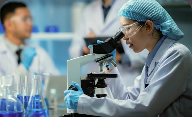 Técnica de laboratório analisando uma amostra em um microscópio