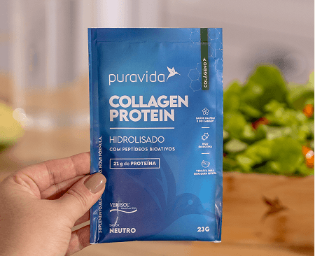 Collagen Protein Neutro com scoop e morangos
