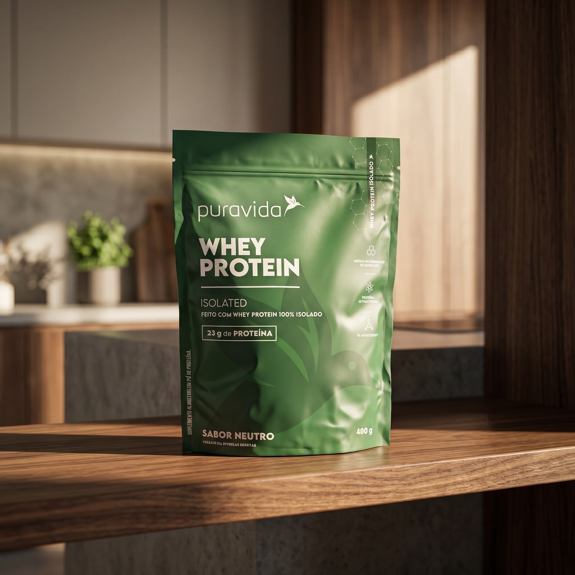 Whey Protein Isolado Puravida sobre bancada de madeira
