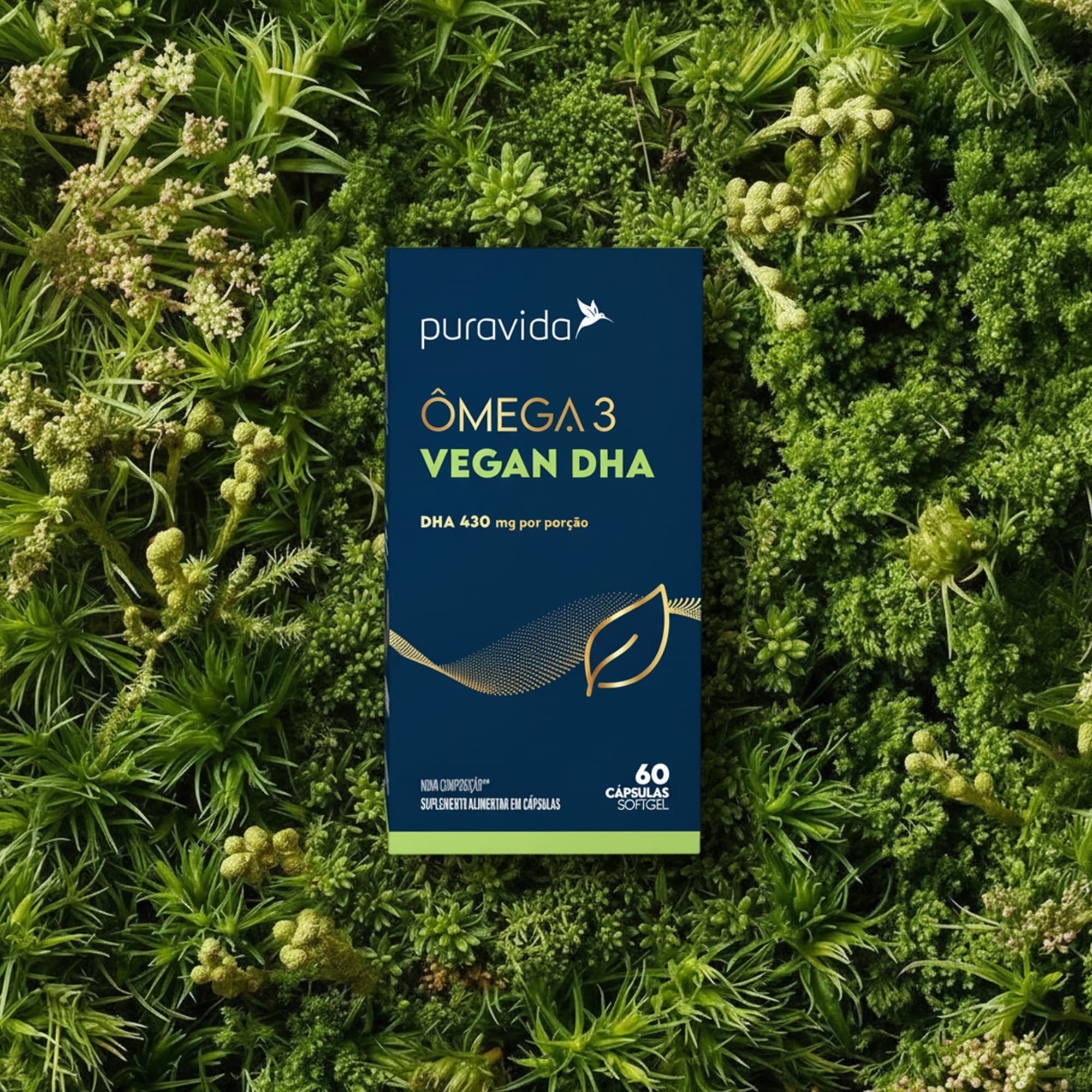 Ômega 3 Vegan DHA sobre folhagem