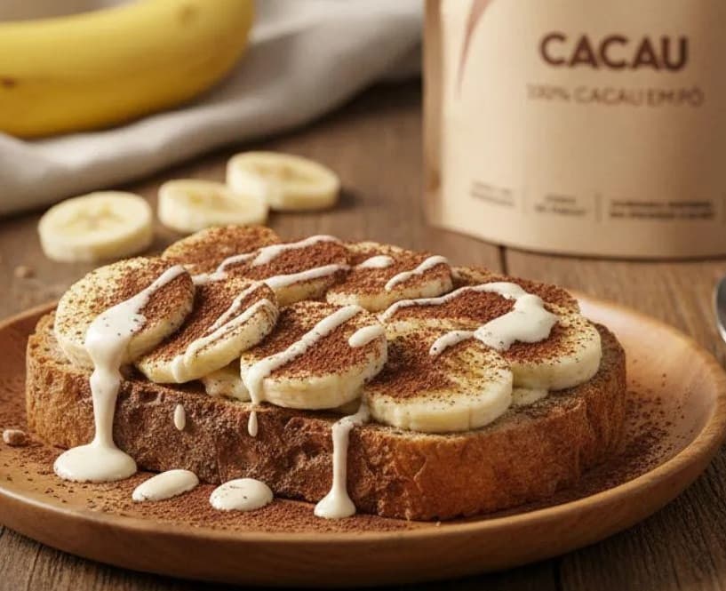 Torrada com banana e cacau em pó polvilhado