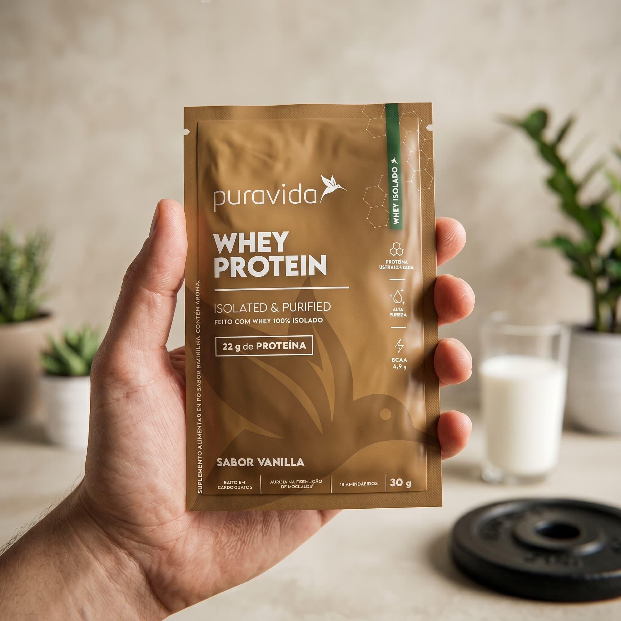 Mão segurando sachê de Whey Protein Isolado Vanilla Puravida
