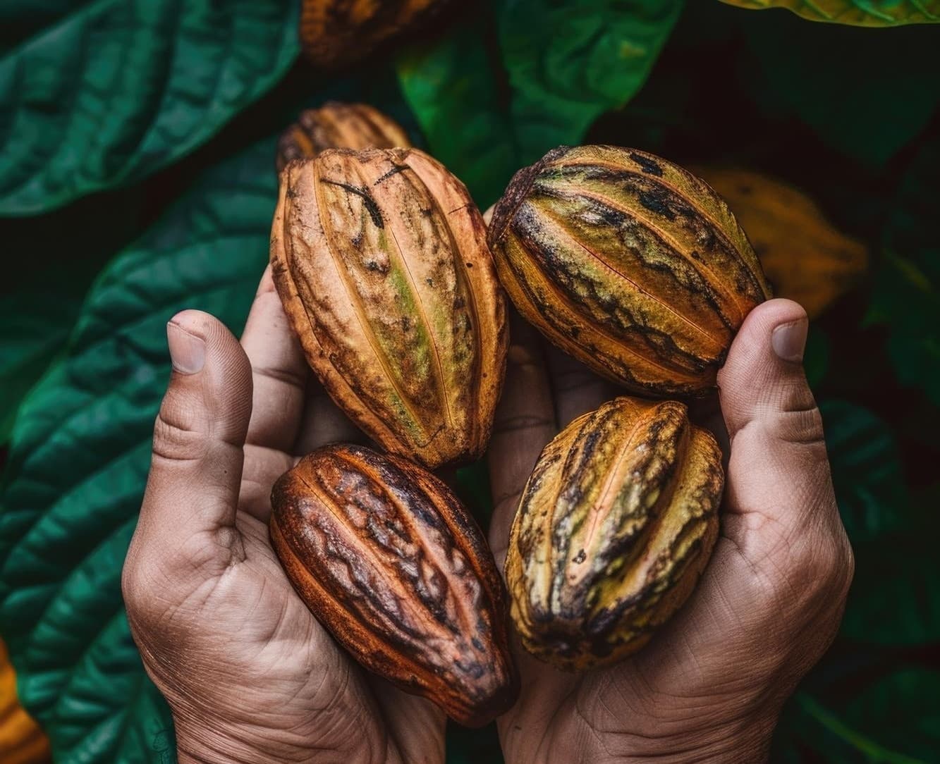 Mãos segurando frutos de cacau