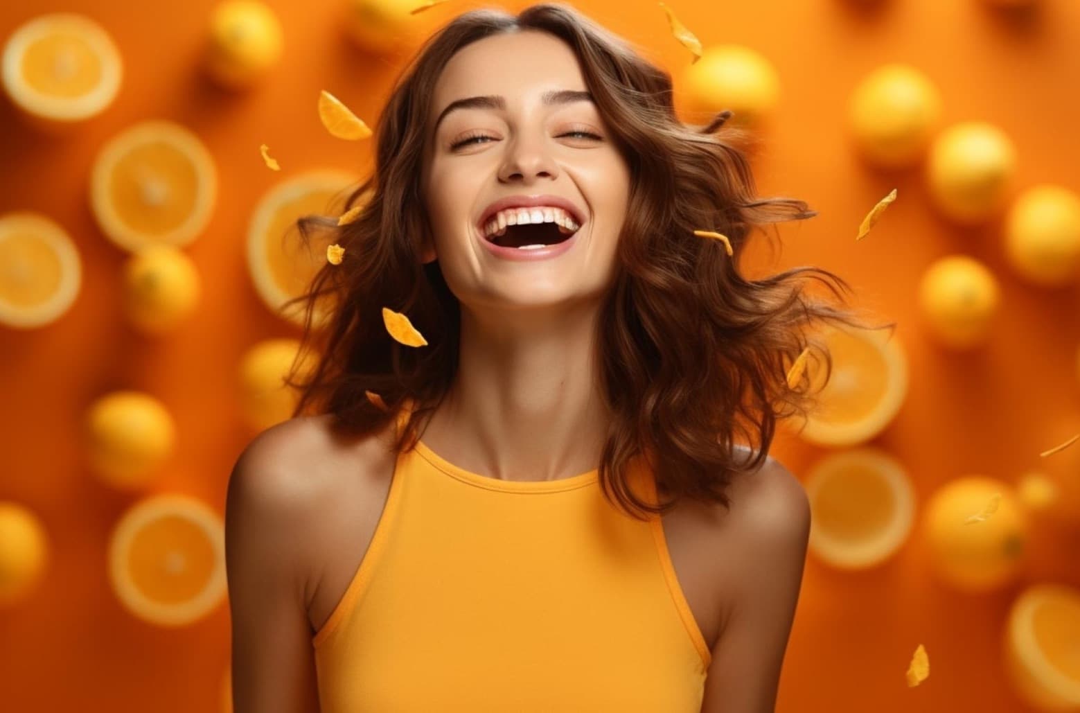 Mulher sorrindo cercada de laranjas