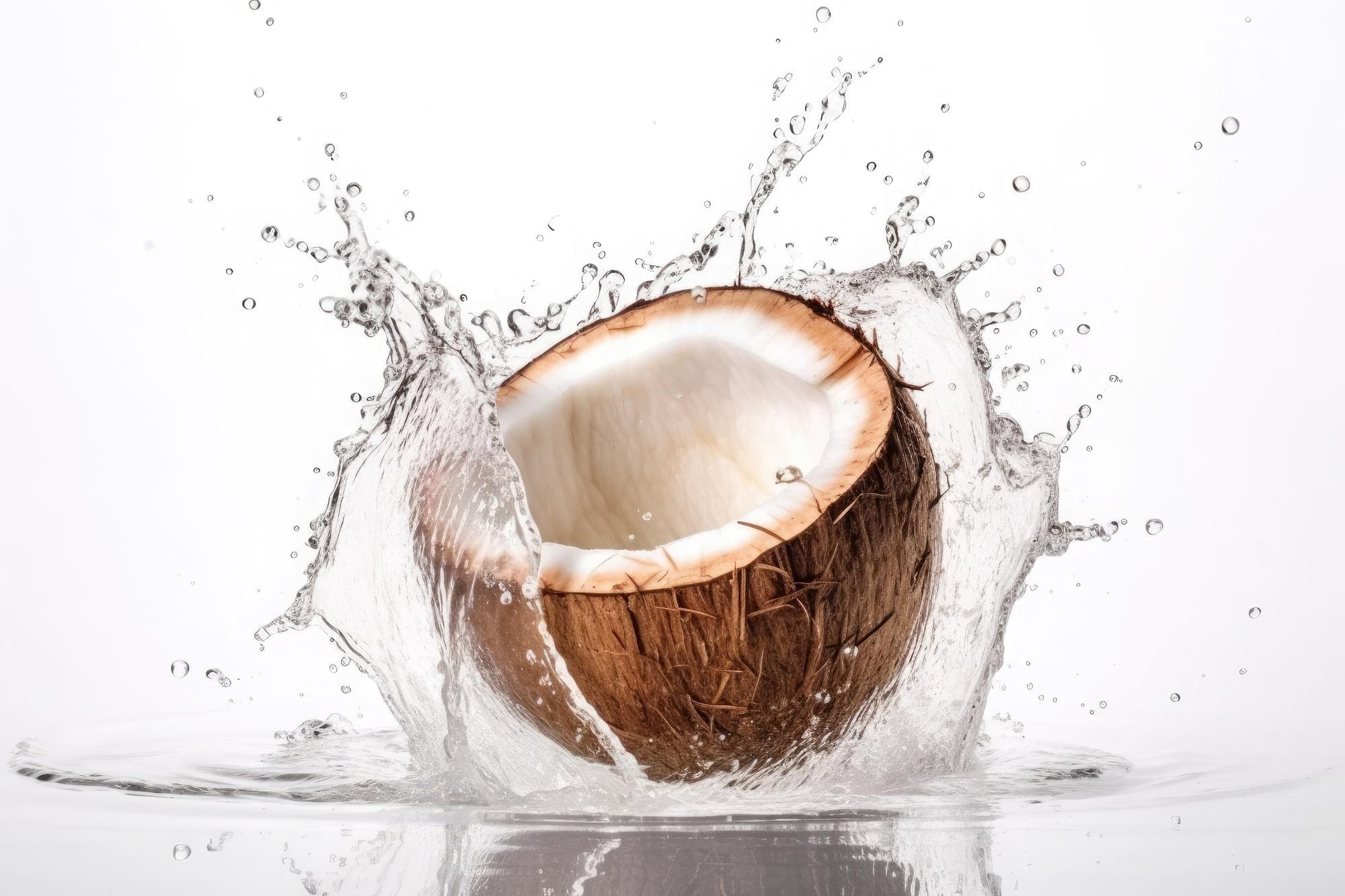 Coco partido ao meio com respingos de água