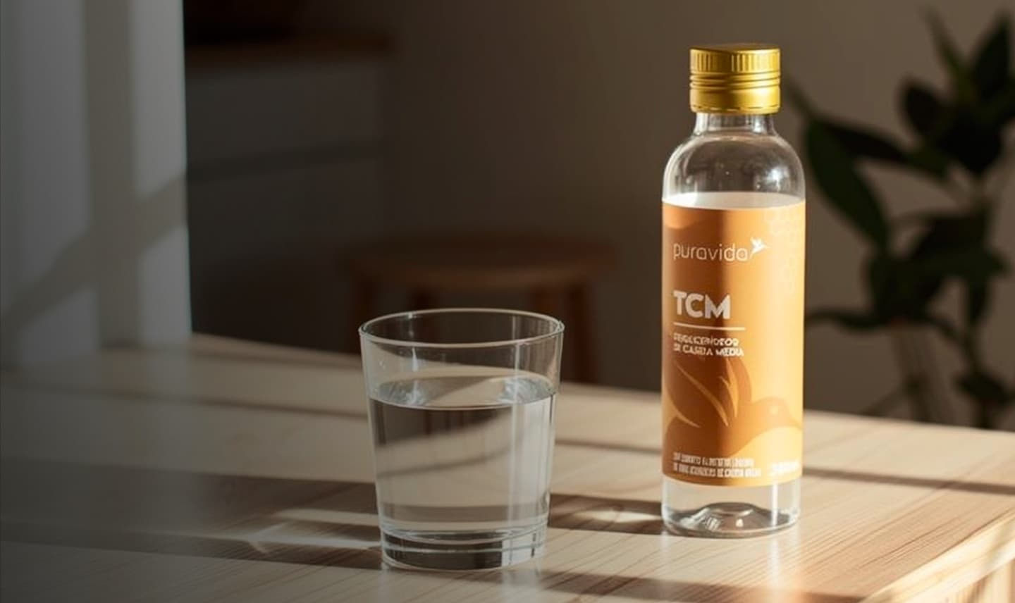 Garrafa de Brain TCM Puravida sobre a mesa ao lado de um copo com água