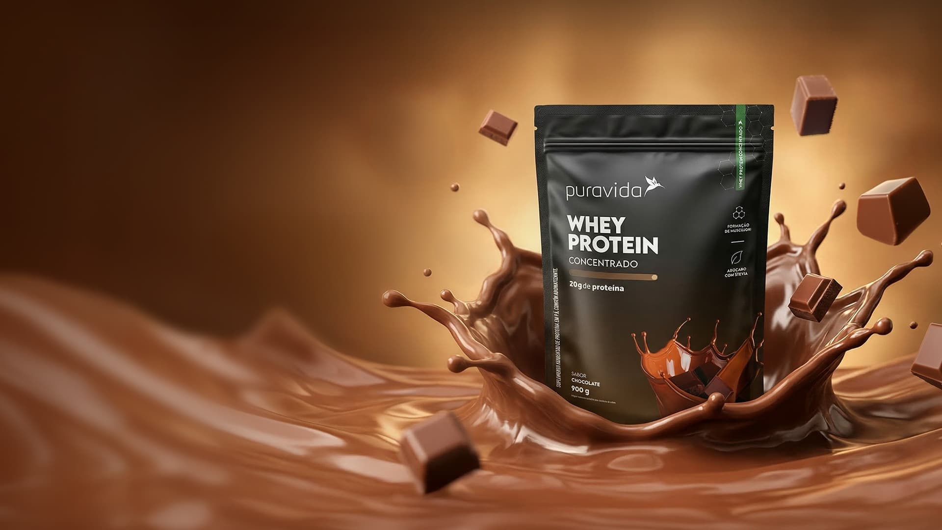 Pouch de Whey Protein Concentrado Chocolate com respingo de chocolate