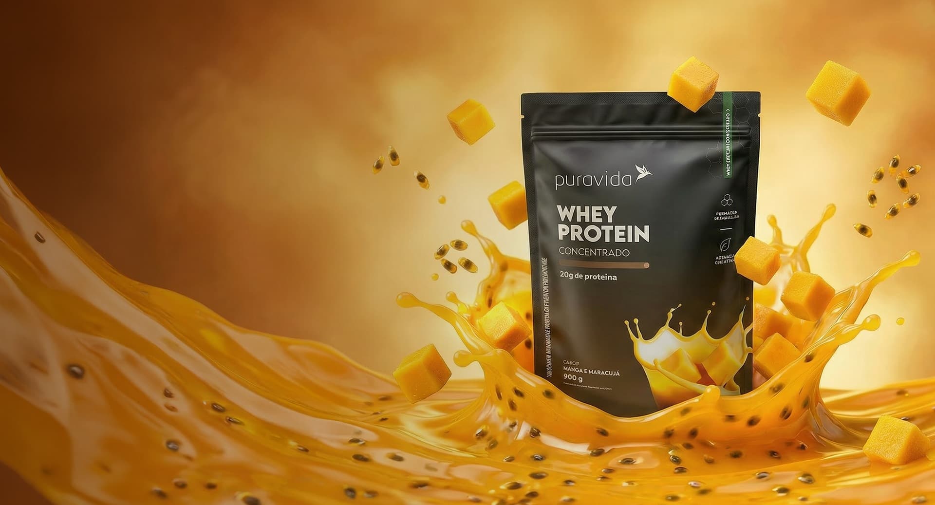 Whey Protein Concentrado manga e maracujá com respingo de polpa