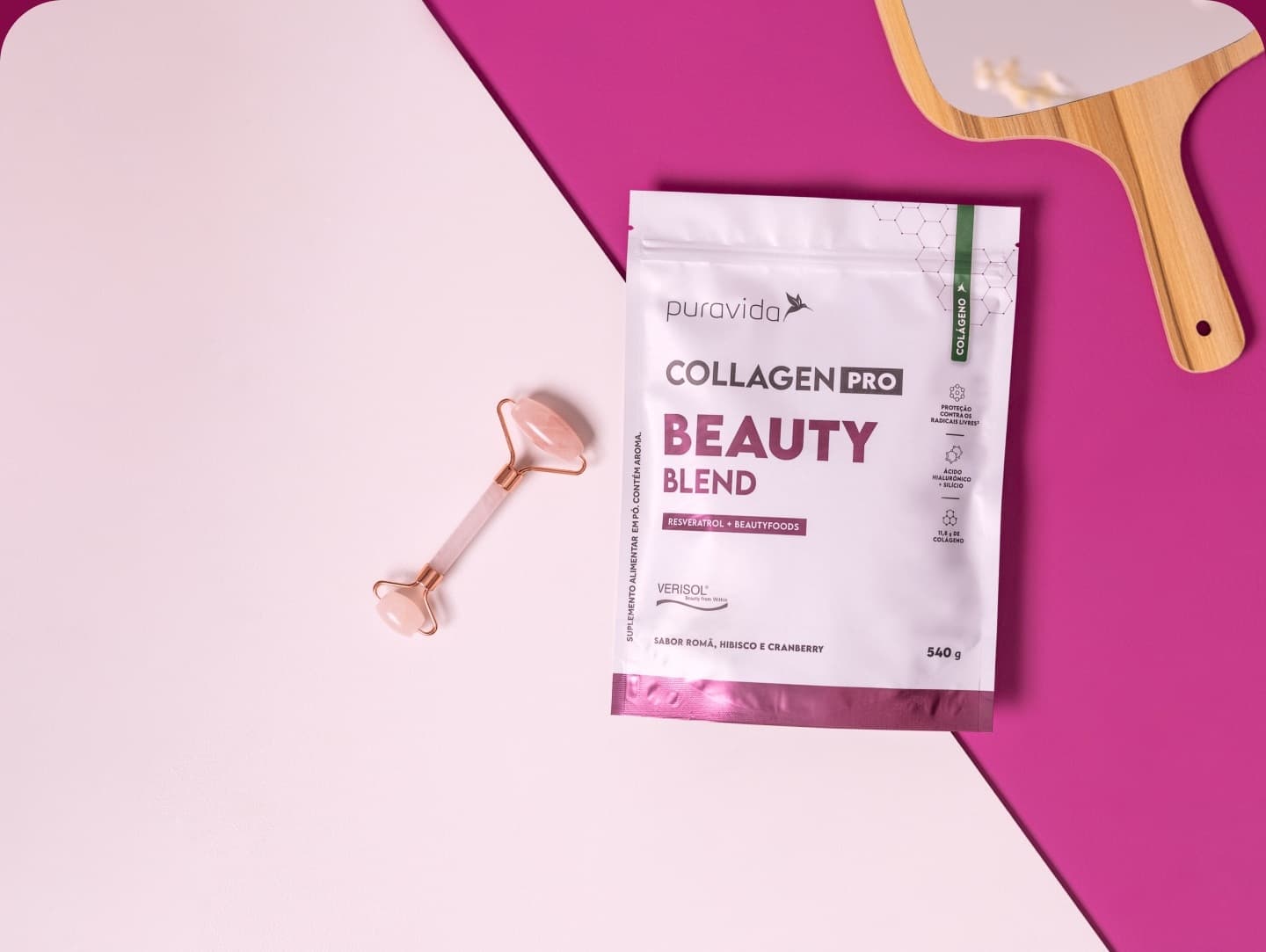Collagen Pro Beauty Blend com rolo de quartzo rosa