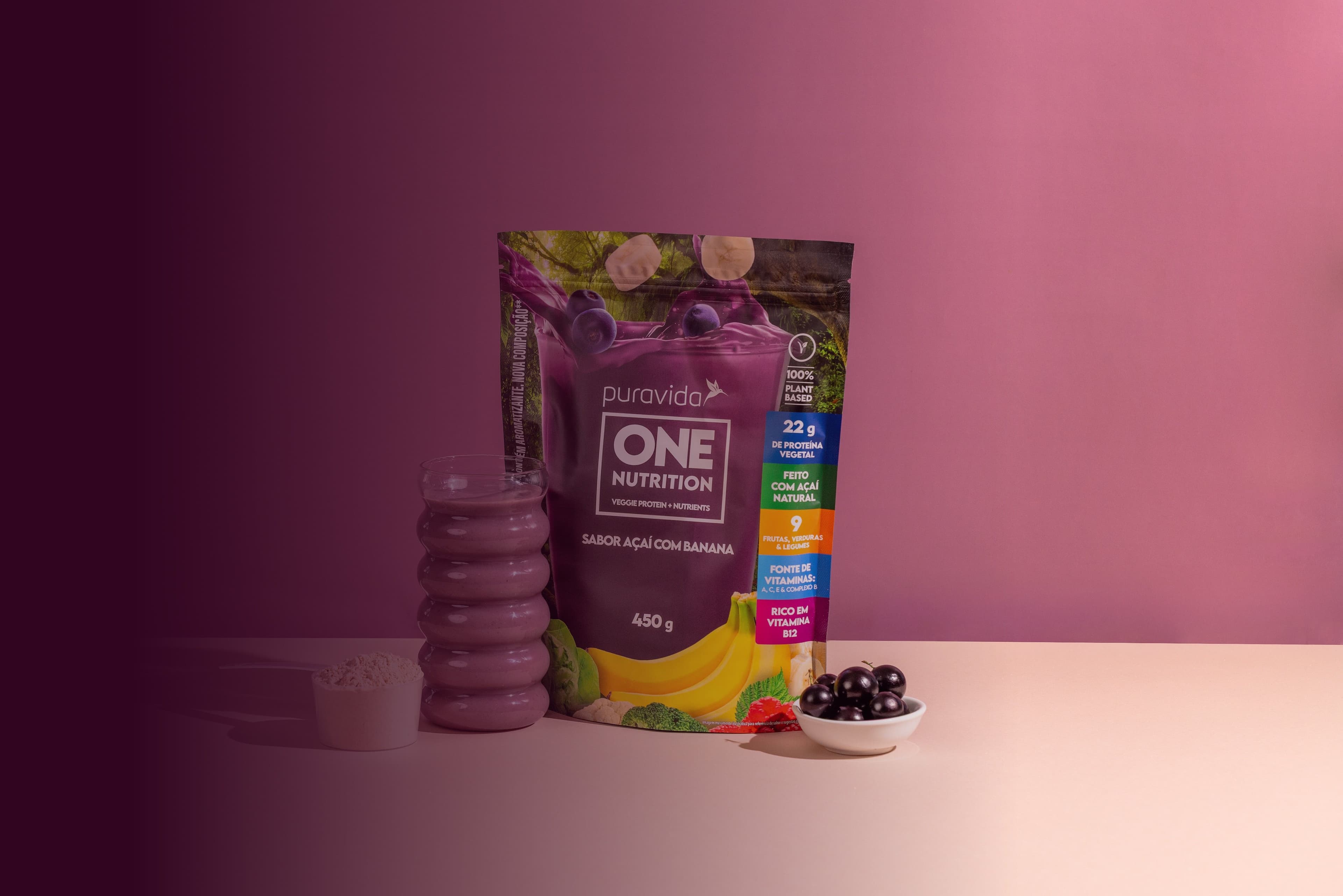 Pouch One Nutrition açaí com copo e scoop