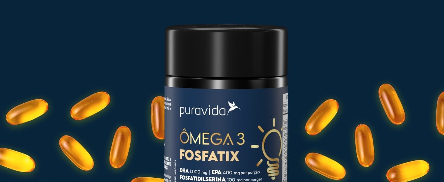Frasco de Ômega 3 Fosfatix com cápsulas