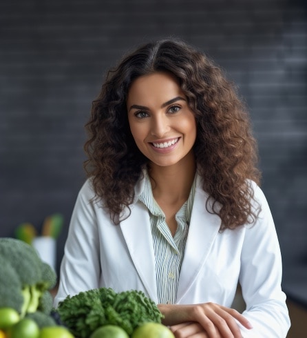 Profissional de saúde sorrindo ao lado de vegetais